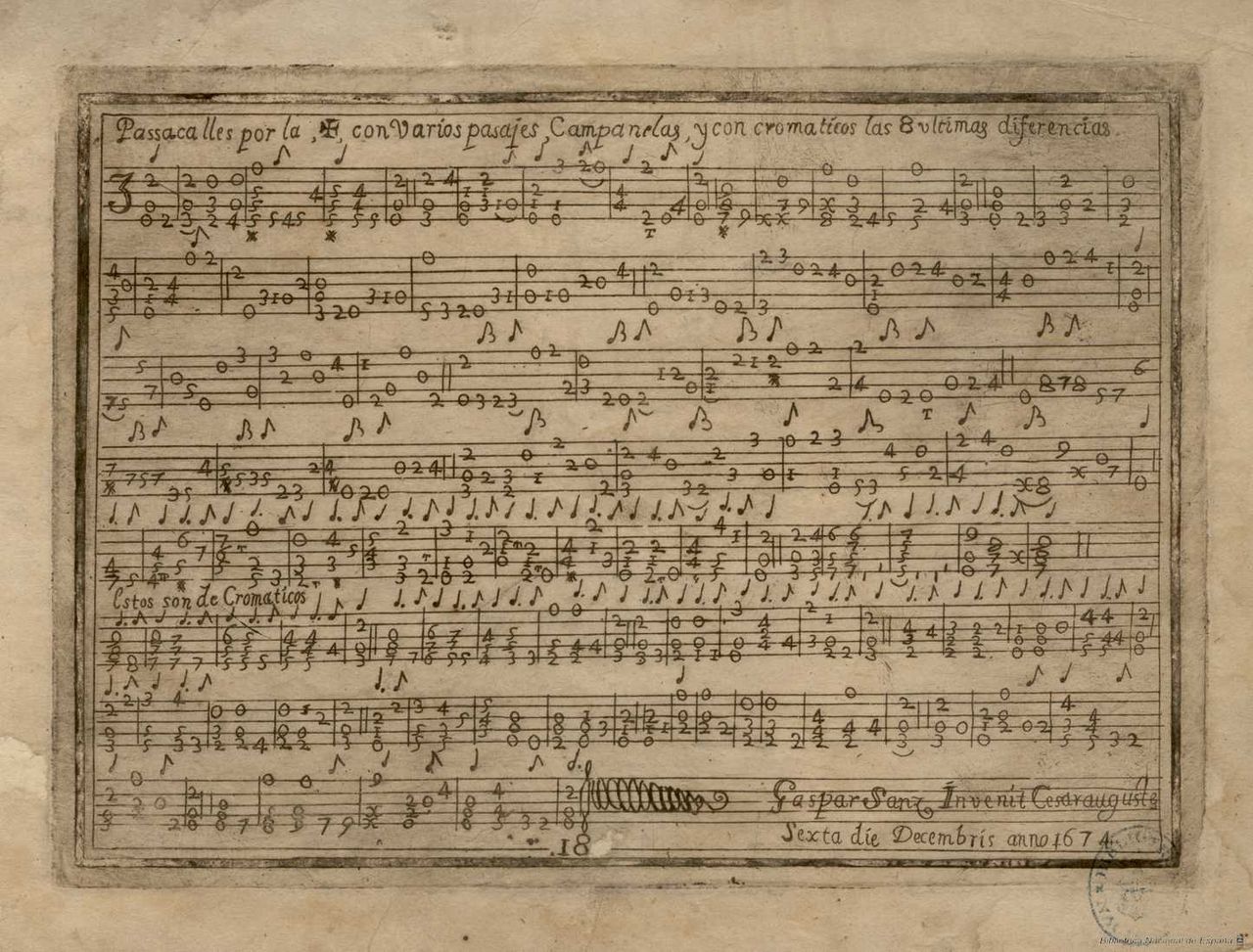 Przykład rękopisu tabulatury z Instrucción de Mùsica sobre la Guitarra Española, 1674, Biblioteca Nacional de España. Autor: Gaspar Sanz. Domena publiczna.